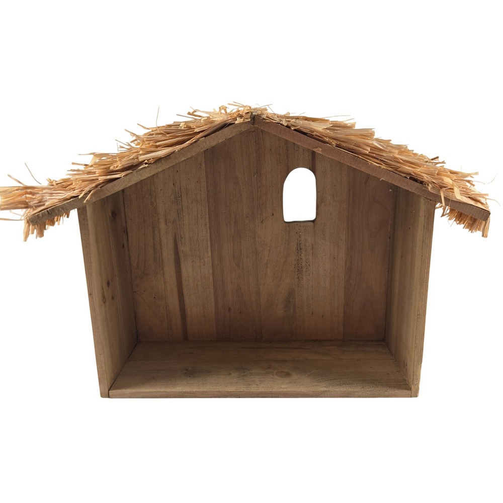 Handmade Wood Nativity Stable Creche 14" Rustic Straw Roof Christmas Manger